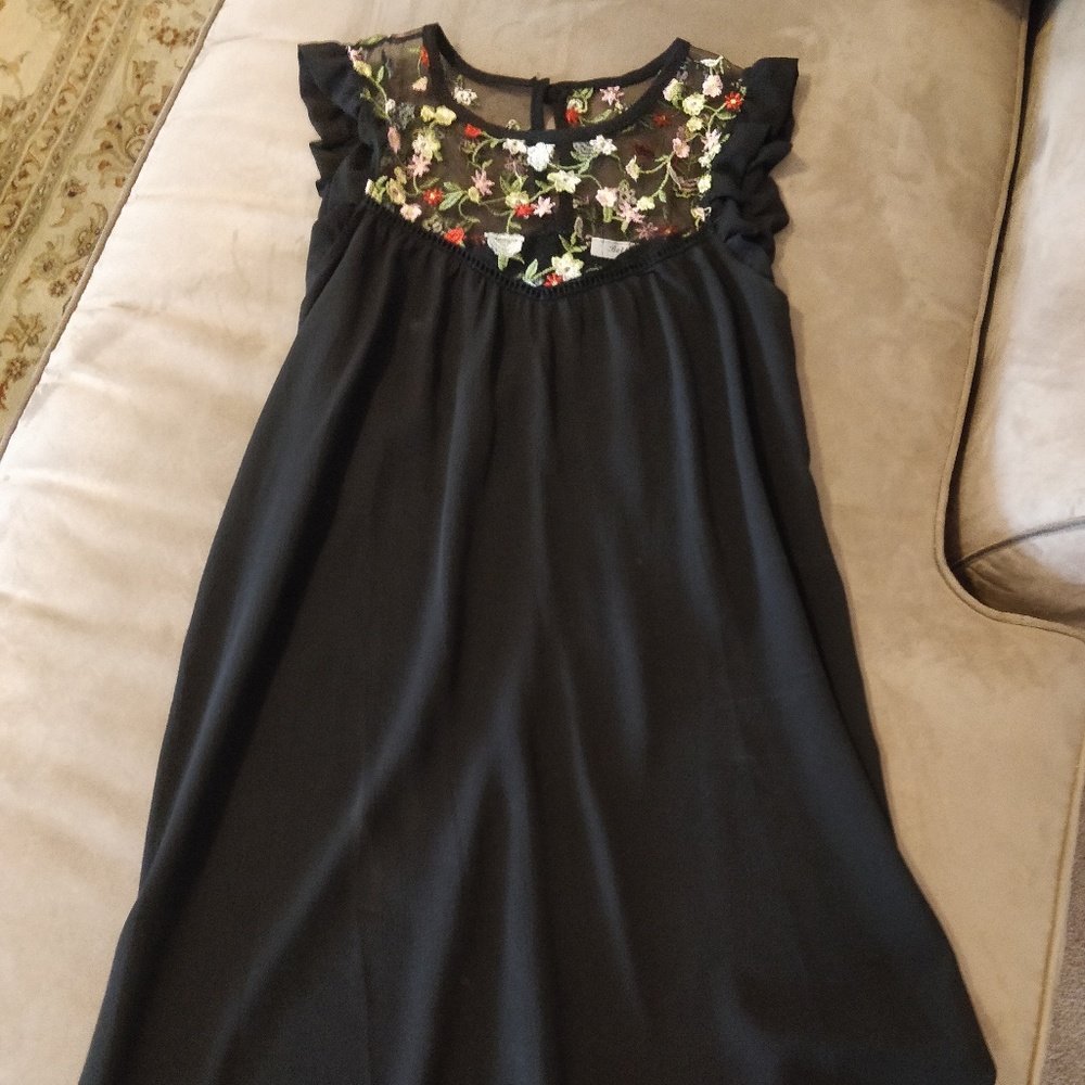 Floral embroidery black dress boho style